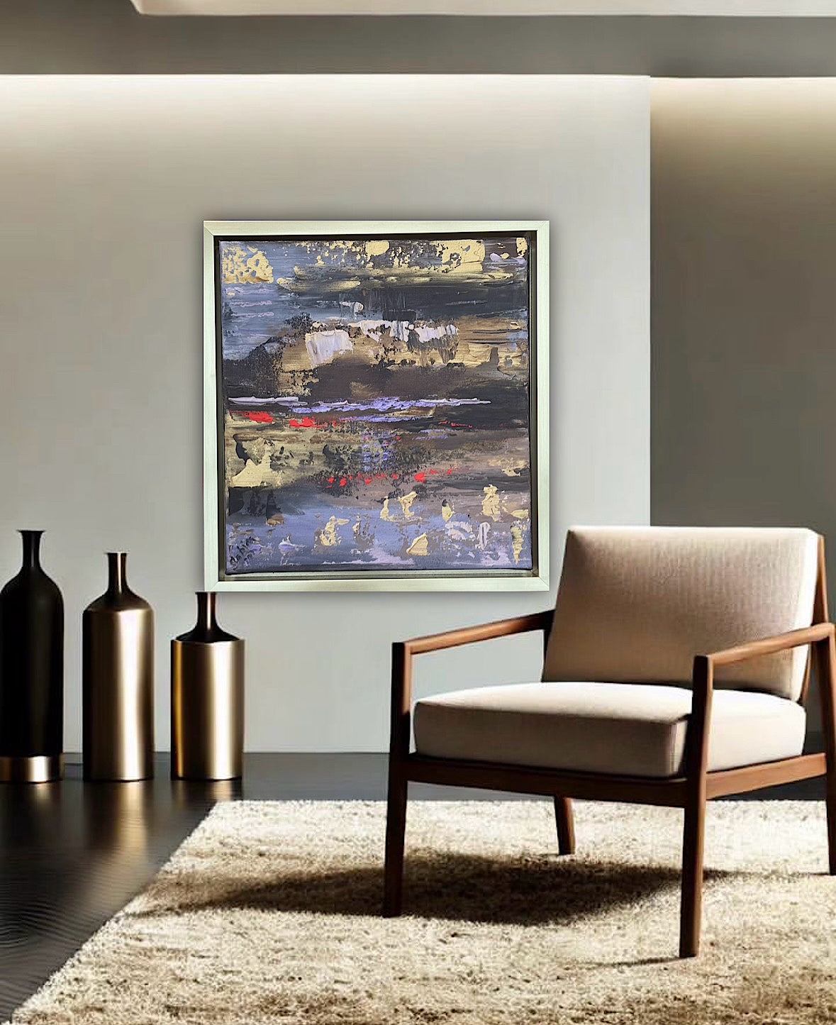 Framed Original Abstract contemporary Oil Painting On Canvas 35x35cm Sunset at lakes Oka