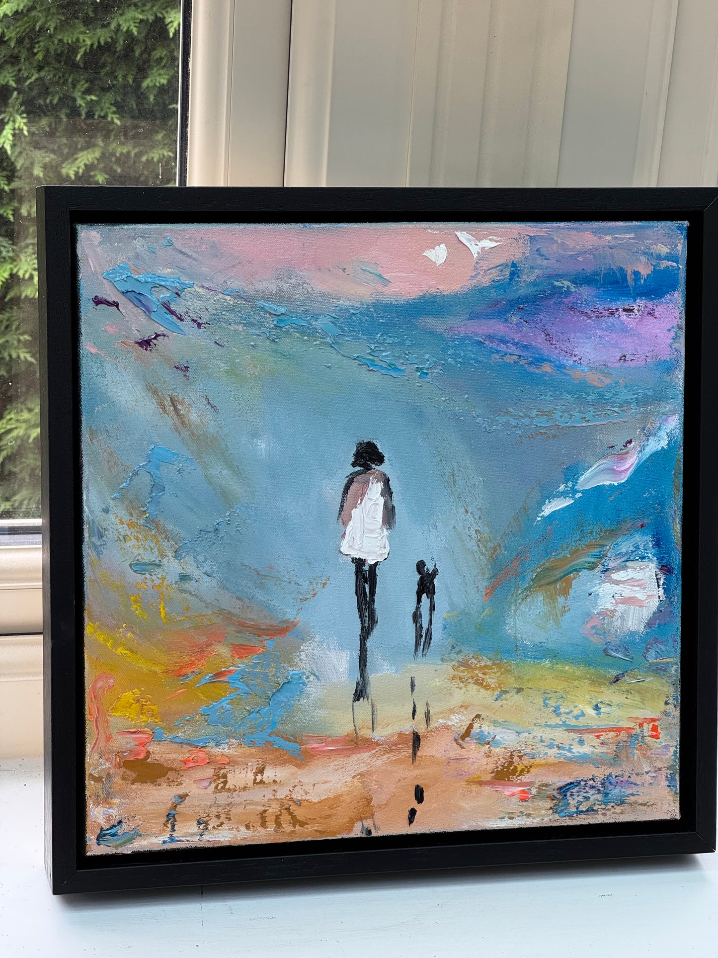 Framed in black frame Original Abstract contemporary Oil Painting On Canvas 35x35cm Woman and a dog ‘Little steps ‘