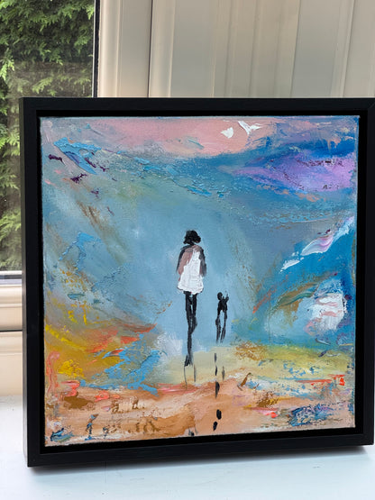 Framed in black frame Original Abstract contemporary Oil Painting On Canvas 35x35cm Woman and a dog ‘Little steps ‘