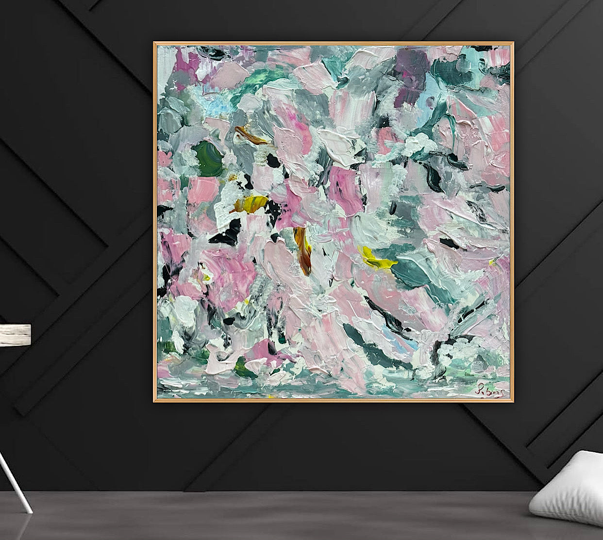 Large Abstract Original Oil Painting On 50x50cm canvas textured Painting ‘Pink Fusion’ Oka framed in solid oak frame