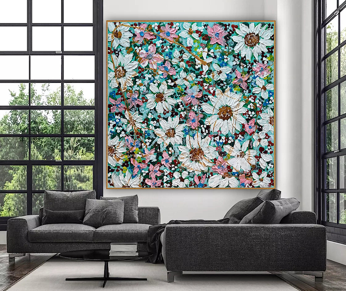Original Abstract Oil Painting On deep edge Canvas 100x100cm Daisies & more Flowers Textured