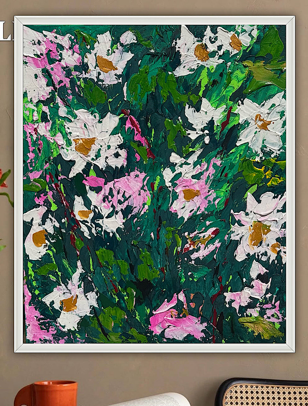 Original Abstract Oil Painting On Canvas board 60 x 50cm garden white flowers II Oka