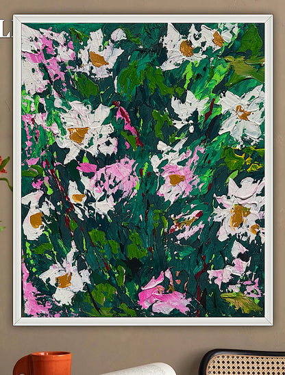Original Abstract Oil Painting On Canvas board 60 x 50cm garden white flowers II Oka