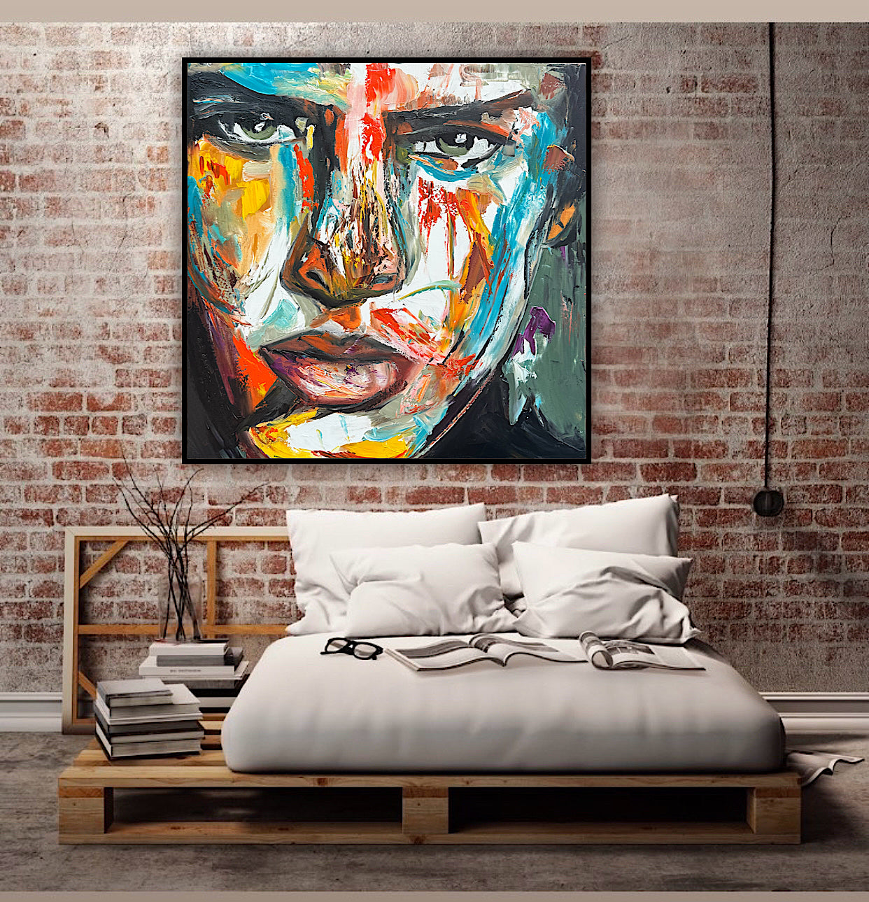 Original Abstract mixed media oil Painting On Canvas 50x50cm male portrait ‘Fernando’ oka