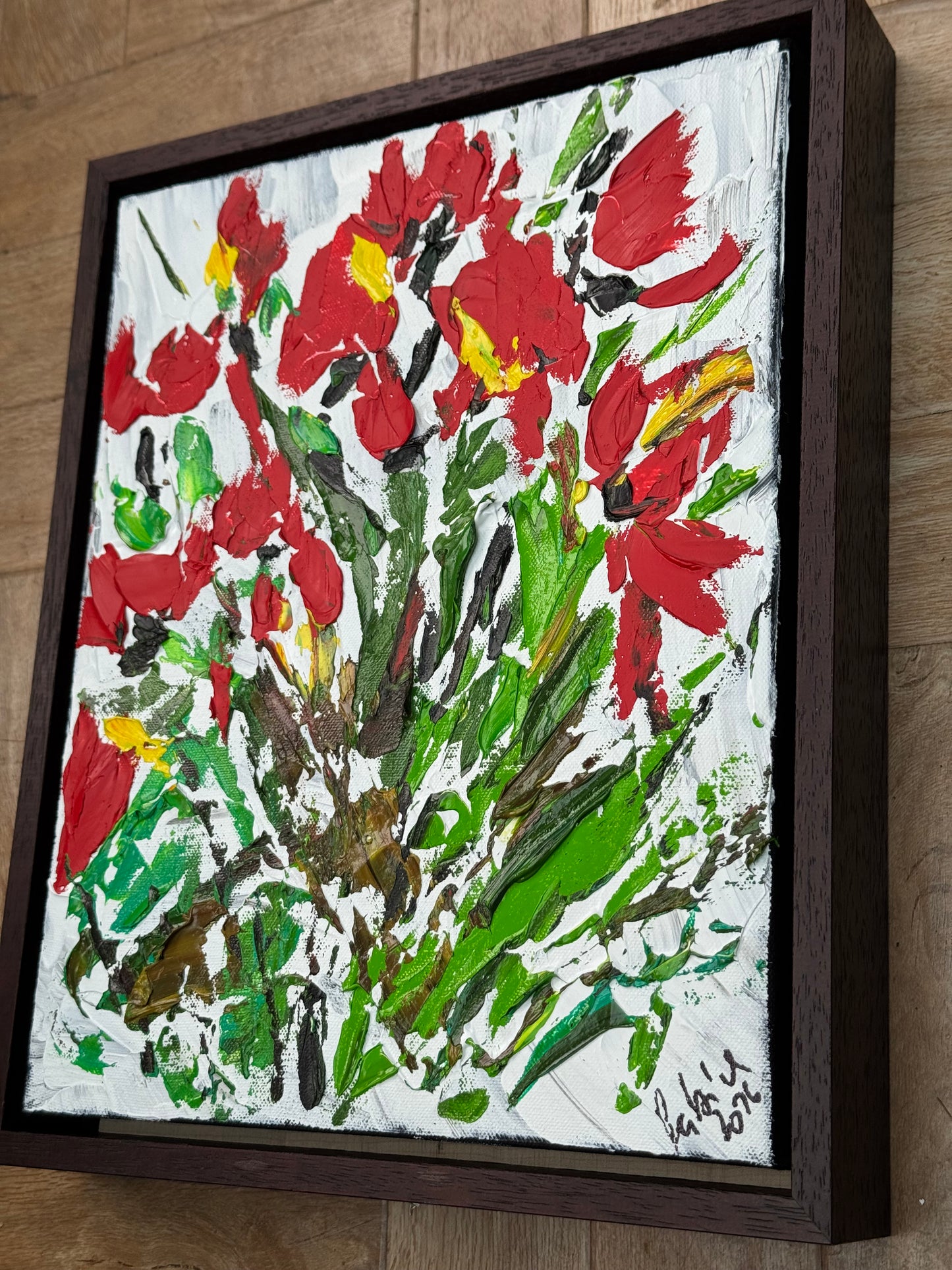 Framed Original Contemporary Abstract Oil Painting On Canvas 38 x 32cm ‘ Red Flowers