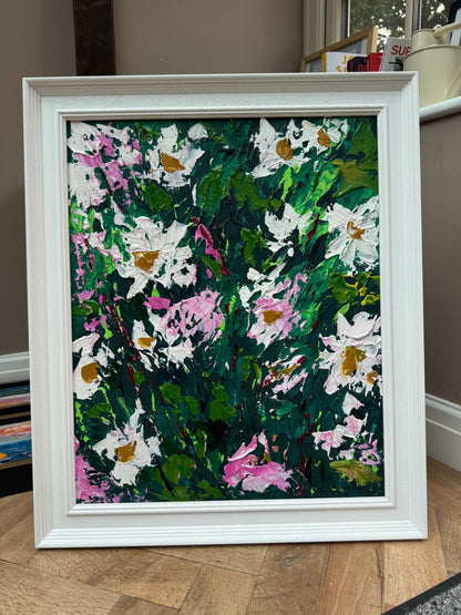 Original Abstract Oil Painting On Canvas framed 60 x 50cm garden white flowers II Oka