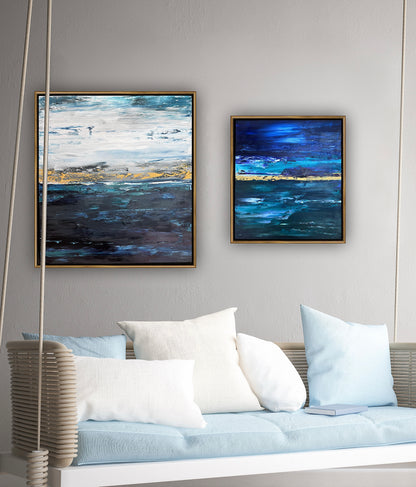 Framed in gold oak frame Original Abstract contemporary Oil Painting On Canvas 55x50cm  textured Oka Night Ocean