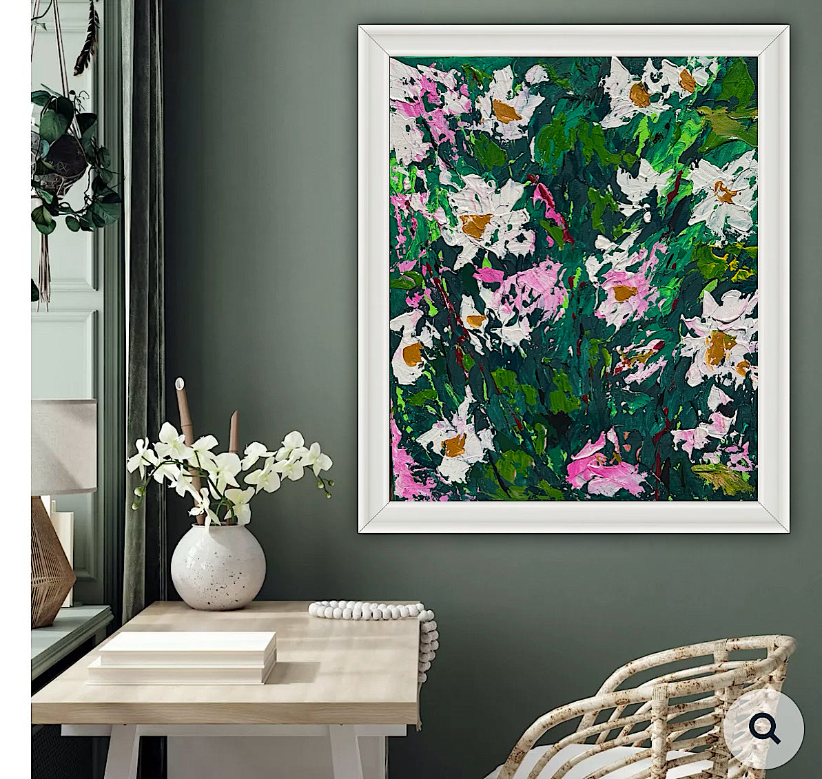 Original Abstract Oil Painting On Canvas board 60 x 50cm garden white flowers II Oka
