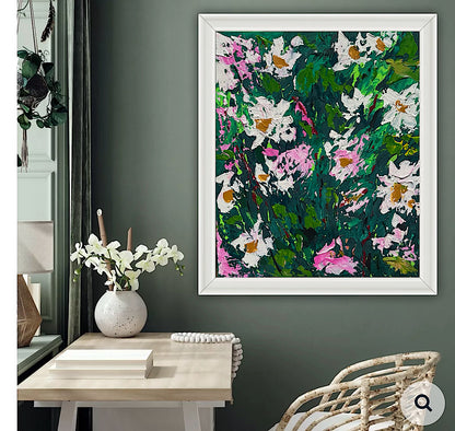 Original Abstract Oil Painting On Canvas board 60 x 50cm garden white flowers II Oka