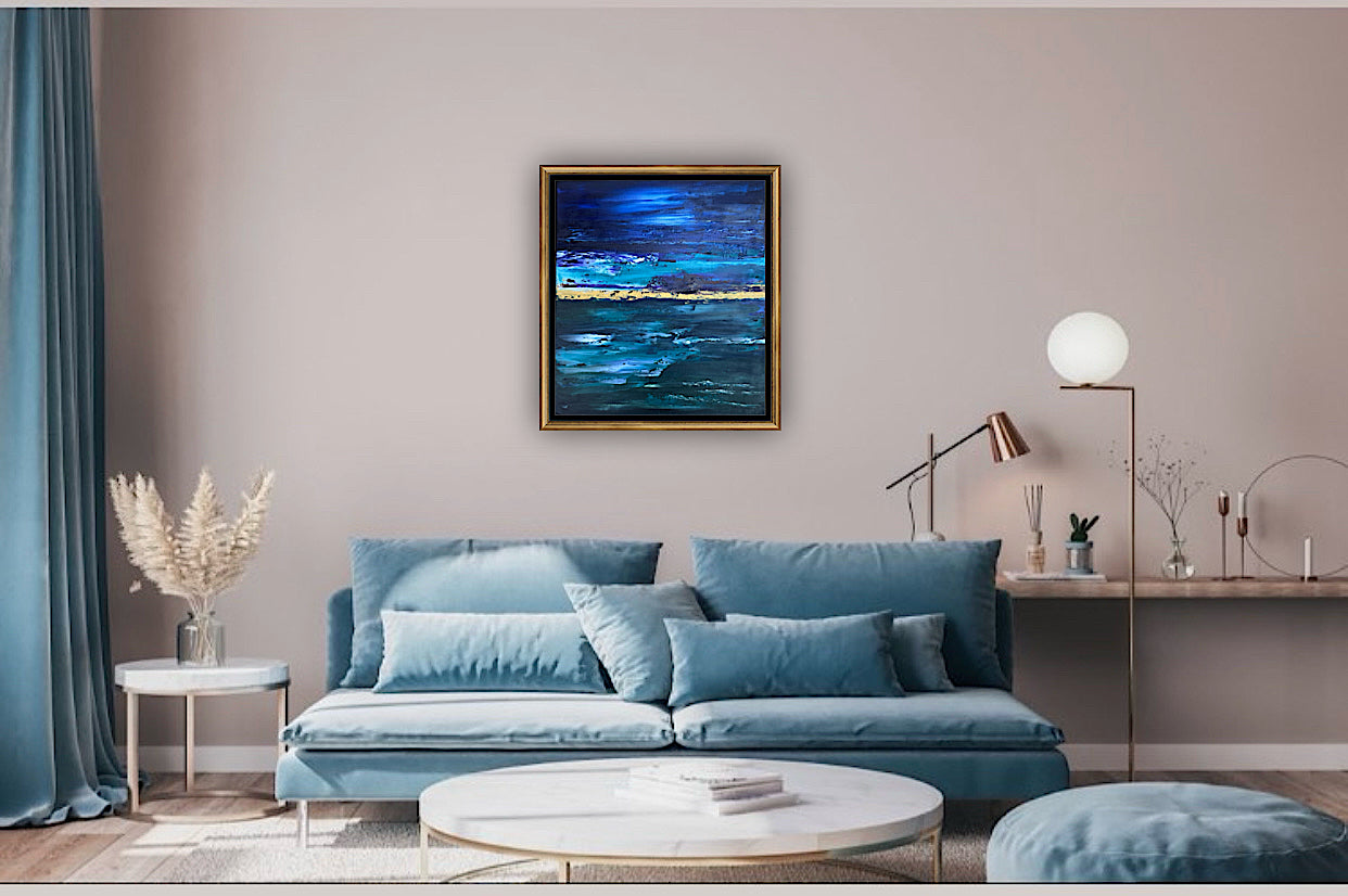Framed in gold oak frame Original Abstract contemporary Oil Painting On Canvas 55x50cm  textured Oka Night Ocean