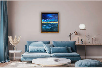 Framed in gold oak frame Original Abstract contemporary Oil Painting On Canvas 55x50cm  textured Oka Night Ocean