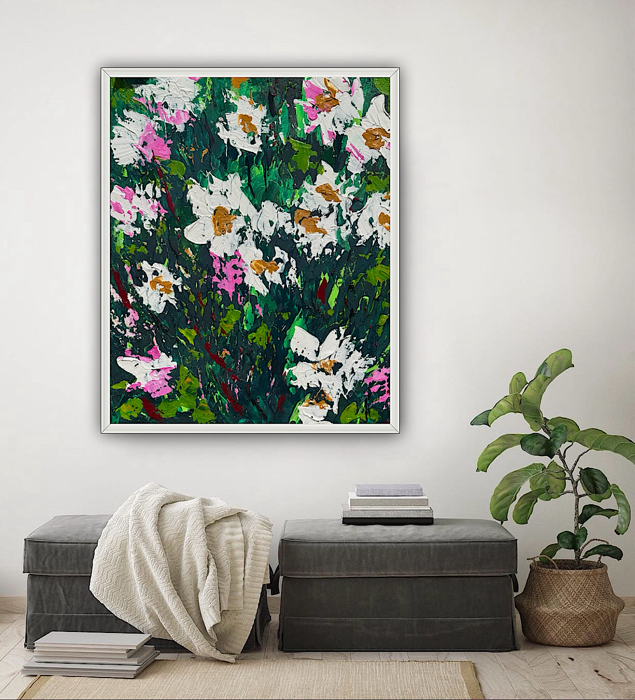 Original Abstract Oil Painting On Canvas board 60 x 50cm garden white flowers I Oka