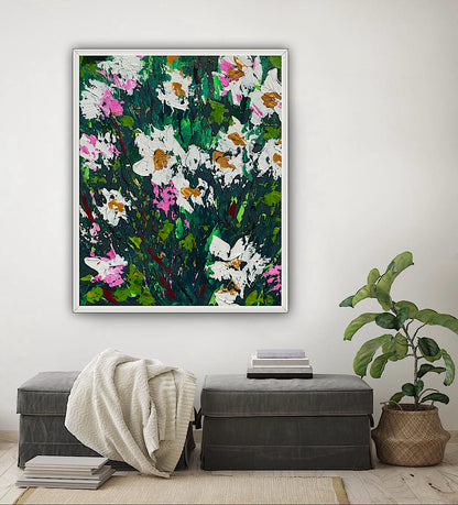 Original Abstract Oil Painting On Canvas board 60 x 50cm garden white flowers I Oka