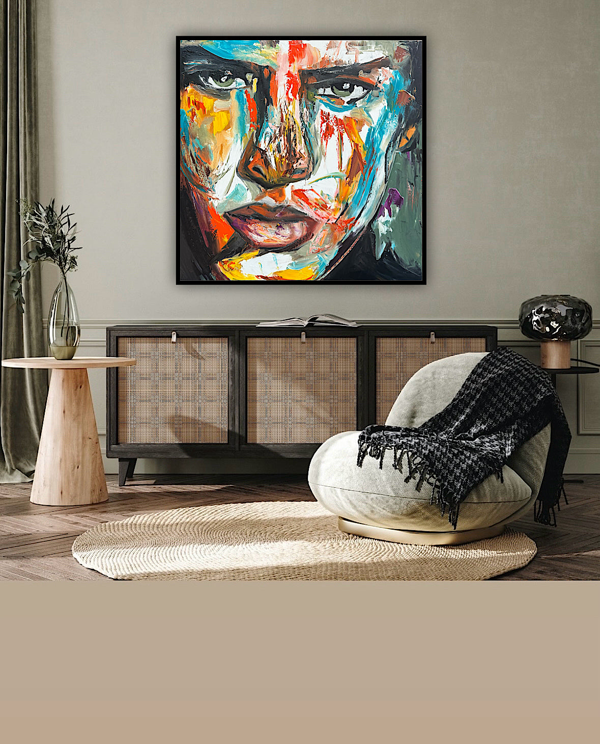 Original Abstract mixed media oil Painting On Canvas 50x50cm male portrait ‘Fernando’ oka