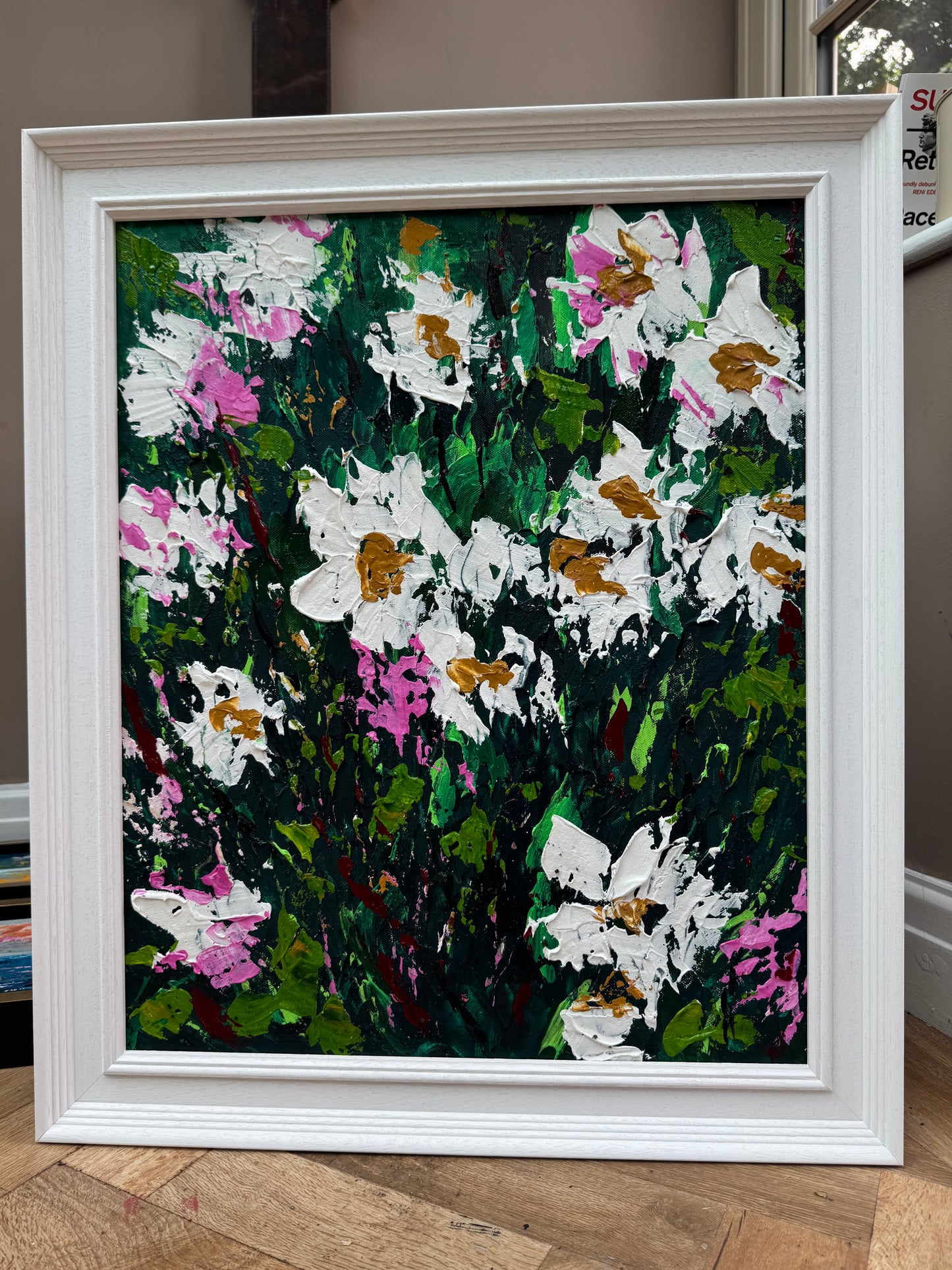 Original Abstract Oil Painting On Canvas framed 60 x 50cm garden white flowers I Oka