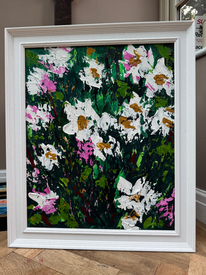 Original Abstract Oil Painting On Canvas framed 60 x 50cm garden white flowers I Oka