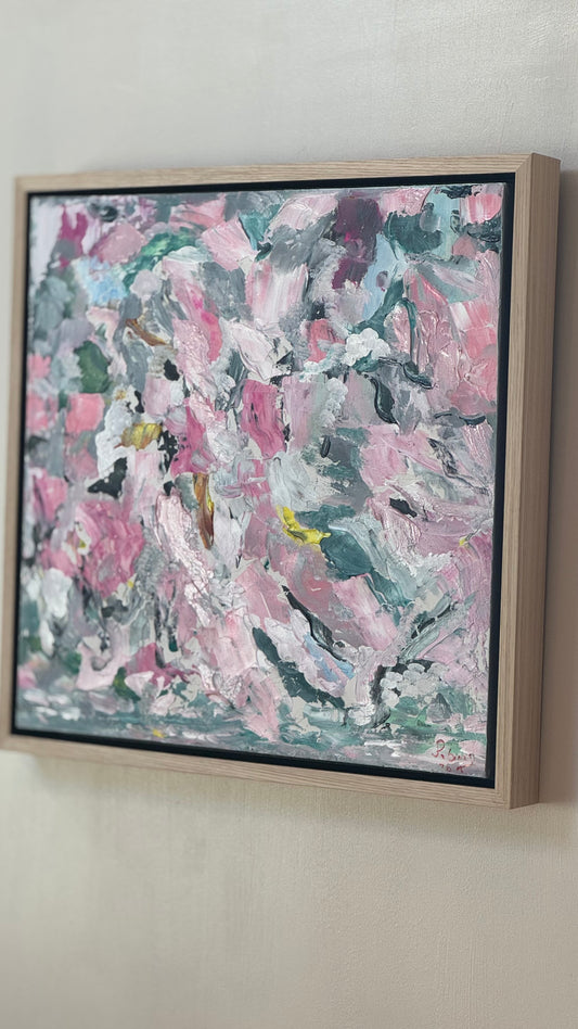 Large Abstract Original Oil Painting On 50x50cm canvas textured Painting ‘Pink Fusion’ Oka framed in solid oak frame