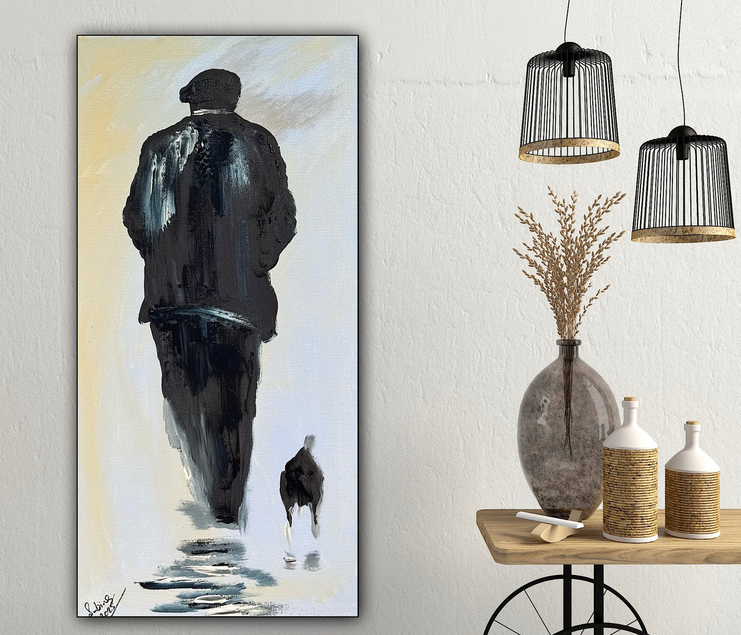 Oka Contemporary Abstract Original Oil Painting 30cm x 60cm textured Pals man with a dog