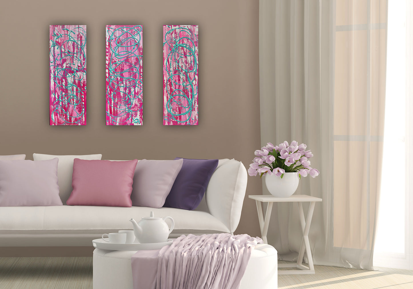Oka set of 3 Modern Abstract Original Oil Paintings On Canvas ‘’Japan blossom’ 80 x 90 cm overall