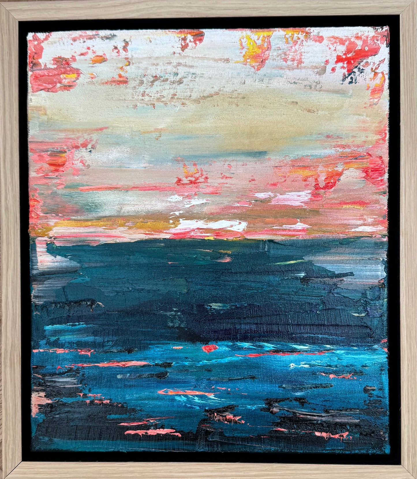 Framed in oak Original Abstract contemporary Oil Painting On Canvas 38x33cm  textured Oka Elysian Waters