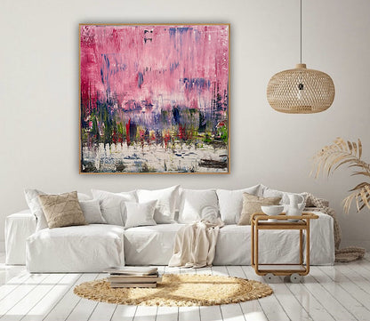Oka style textured Original modern Abstract Oil Painting On Canvas 80 x 80cm ‘Pink Horizon’