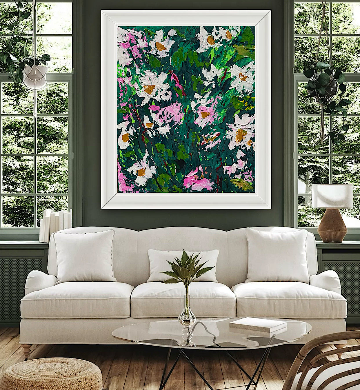 Original Abstract Oil Painting On Canvas board 60 x 50cm garden white flowers II Oka