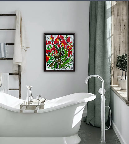 Framed Original Contemporary Abstract Oil Painting On Canvas 38 x 32cm ‘ Red Flowers