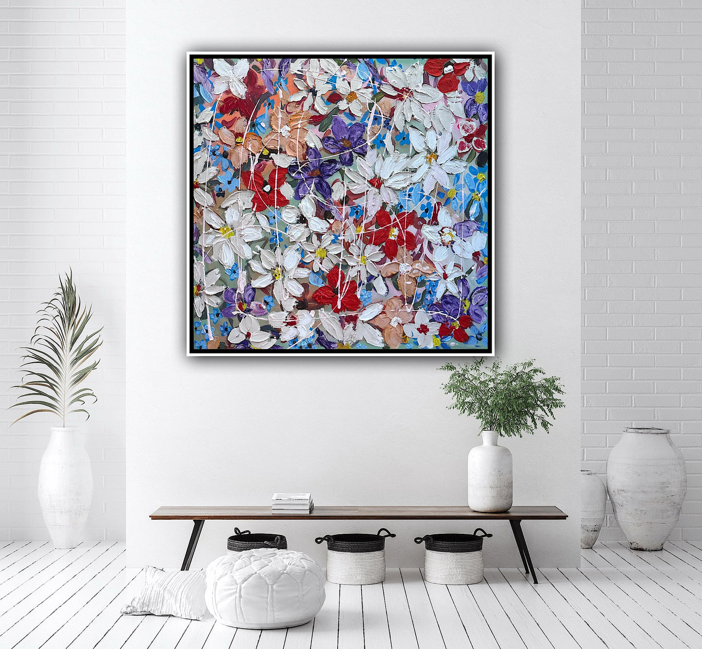 Framed Original Abstract Oil Painting On Canvas 80x80cm Roses & more Flowers Textured