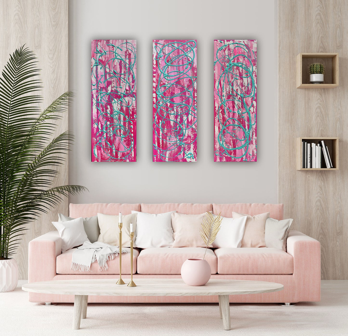 Oka set of 3 Modern Abstract Original Oil Paintings On Canvas ‘’Japan blossom’ 80 x 90 cm overall