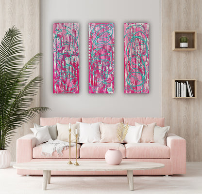 Oka set of 3 Modern Abstract Original Oil Paintings On Canvas ‘’Japan blossom’ 80 x 90 cm overall