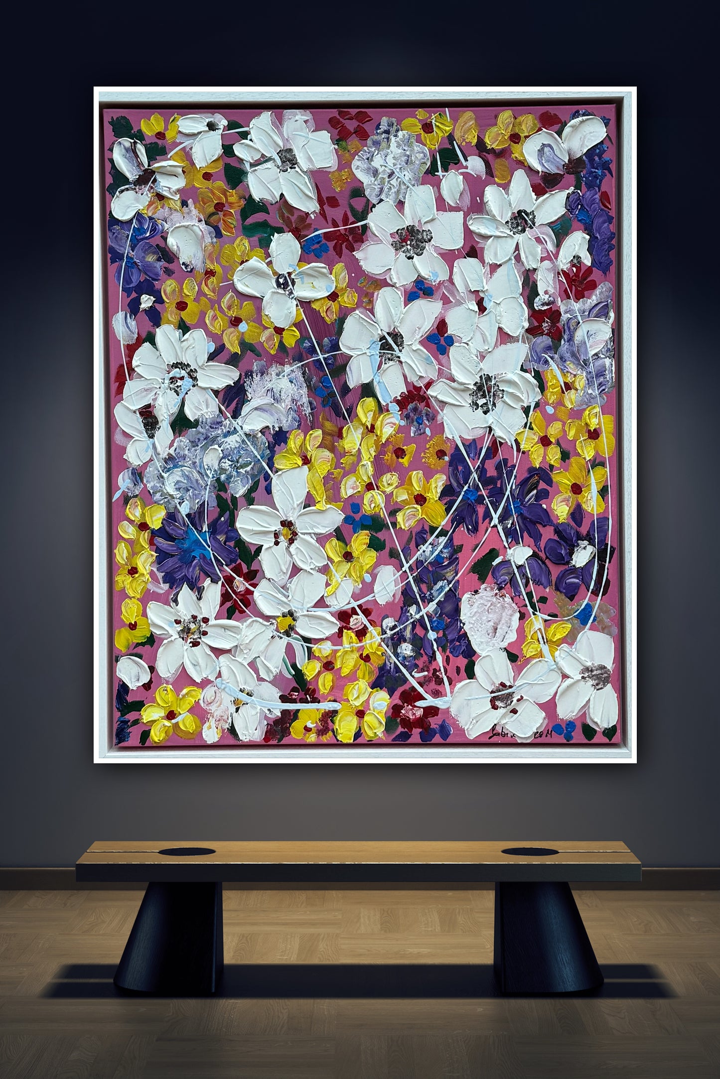 Framed Original Abstract Oil Painting On Canvas 80 x 65cm white flowers in bloom textured framed