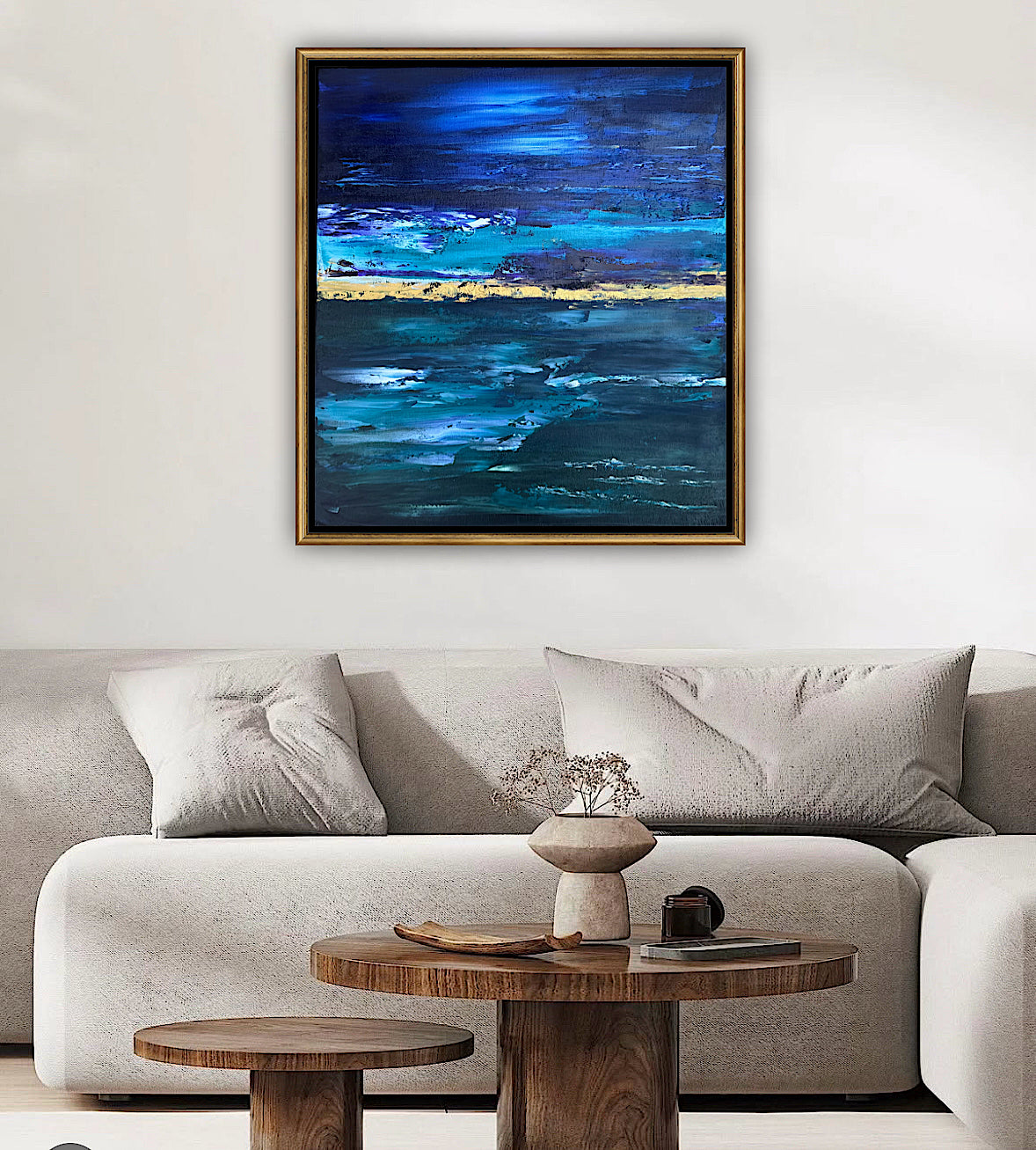 Framed in gold oak frame Original Abstract contemporary Oil Painting On Canvas 55x50cm  textured Oka Night Ocean