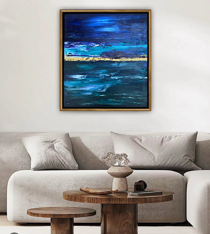 Framed in gold oak frame Original Abstract contemporary Oil Painting On Canvas 55x50cm  textured Oka Night Ocean