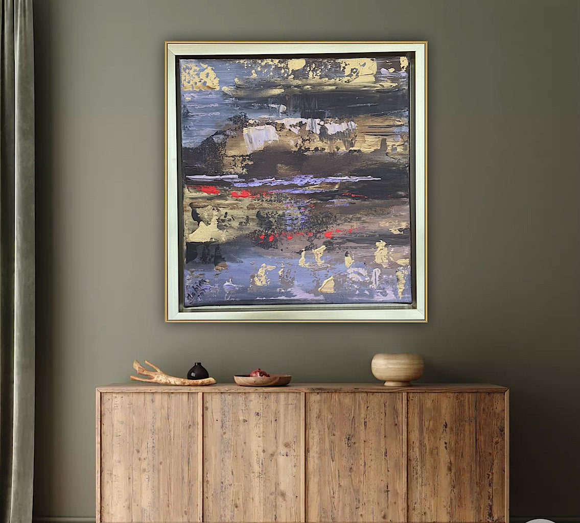 Framed Original Abstract contemporary Oil Painting On Canvas 35x35cm Sunset at lakes Oka