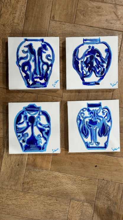 Oka set of 4 Modern Abstract Original Oil Paintings On Canvas Blue vases 15x15cm each