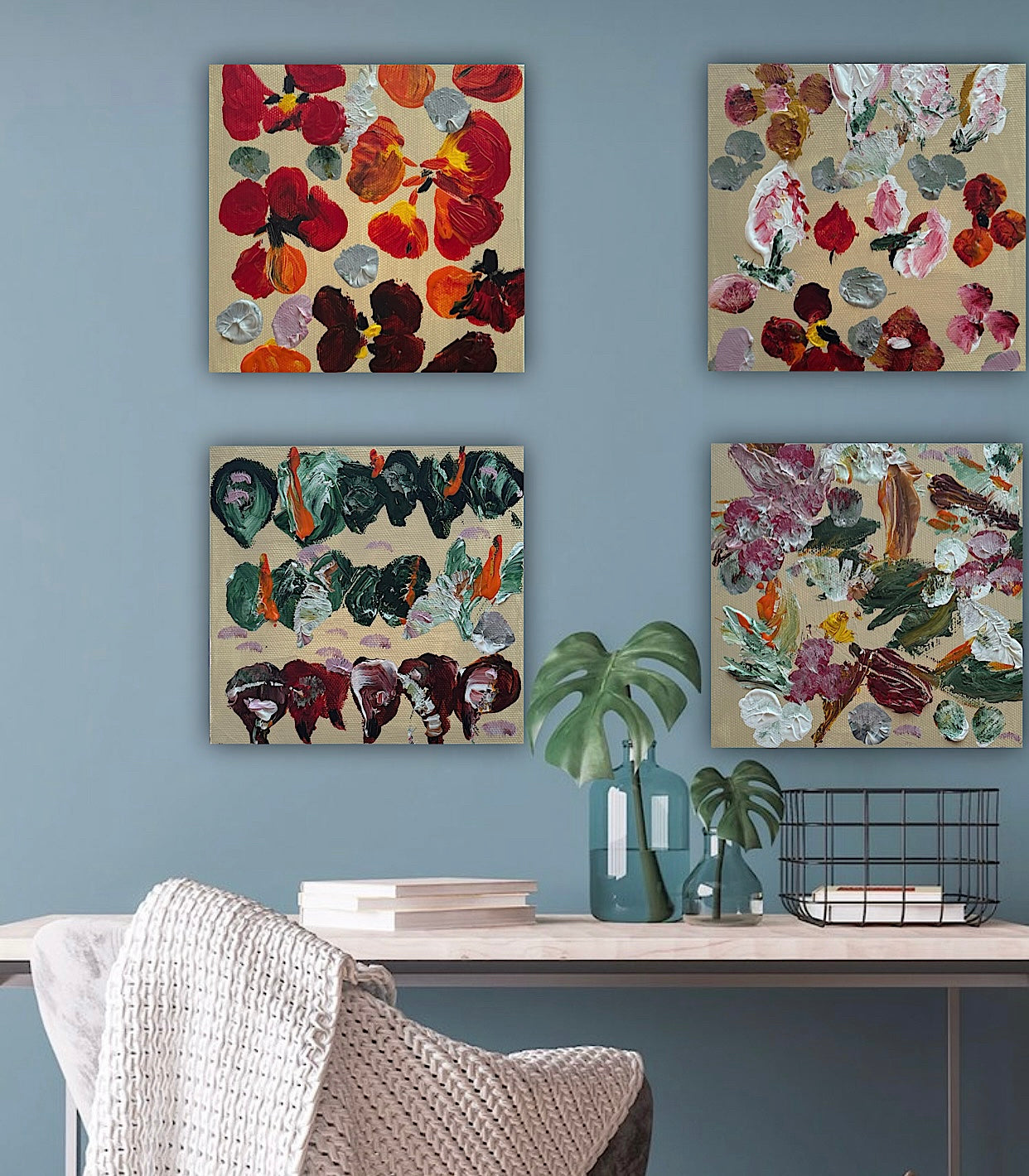 Oka set of 4 Modern Abstract Original Oil Paintings On Canvas Petals 15x15cm each