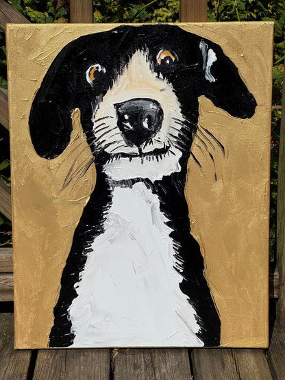Original Abstract Oil Painting On 50 x 40cm Canvas Gold Background ‘Protector’ Dog
