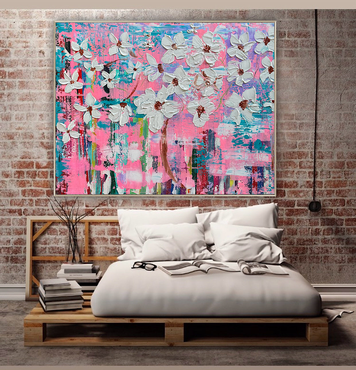Large Abstract Original Oil Painting On 100x77cm canvas ‘White Flowers ’ vogue oka