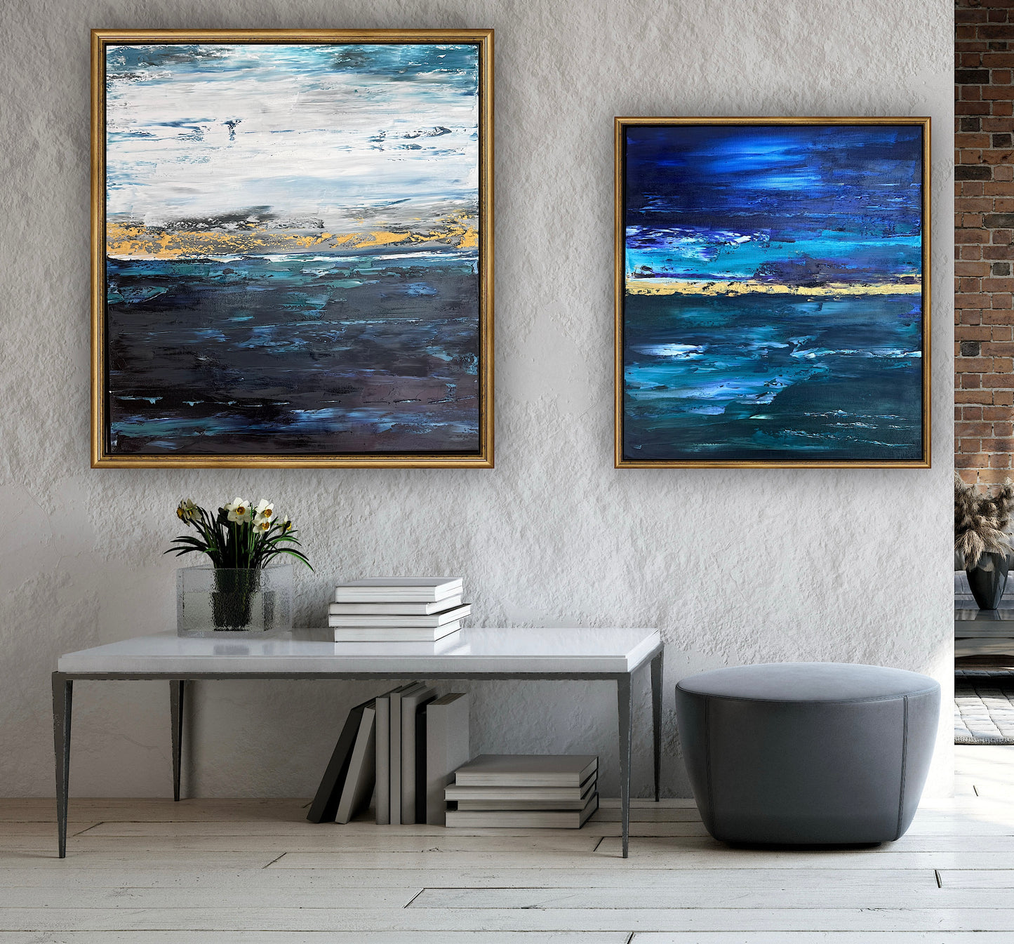 Framed in gold oak frame Original Abstract contemporary Oil Painting On Canvas 55x50cm  textured Oka Night Ocean