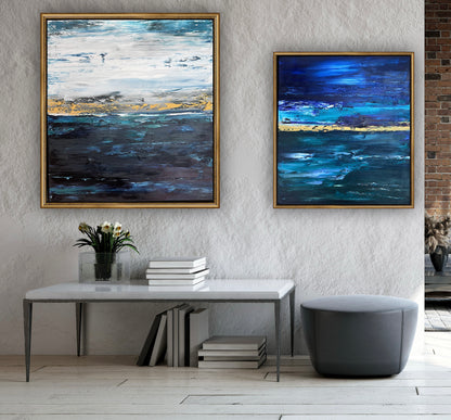 Framed in gold oak frame Original Abstract contemporary Oil Painting On Canvas 55x50cm  textured Oka Night Ocean