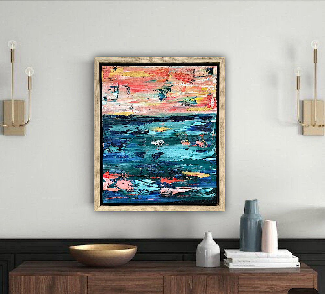 Framed in oak Original Abstract contemporary Oil Painting On Canvas 40x35cm  textured Oka Azure Ember