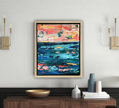 Framed in oak Original Abstract contemporary Oil Painting On Canvas 40x35cm  textured Oka Azure Ember