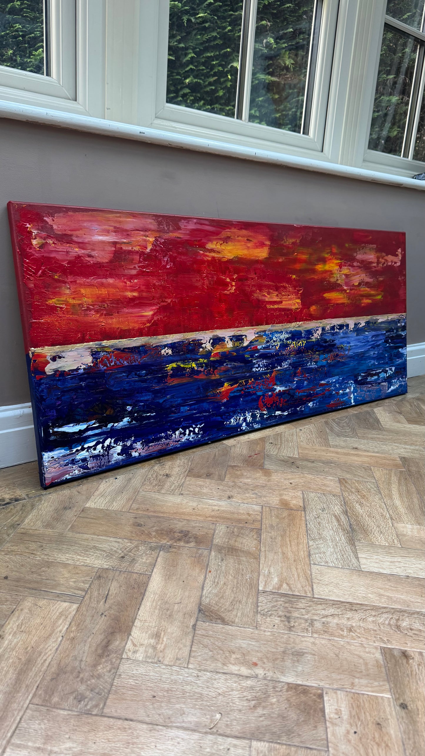 Abstract original Oil Painting On Canvas ‘Orange horizon’ 120cm X 50cm textured landscape