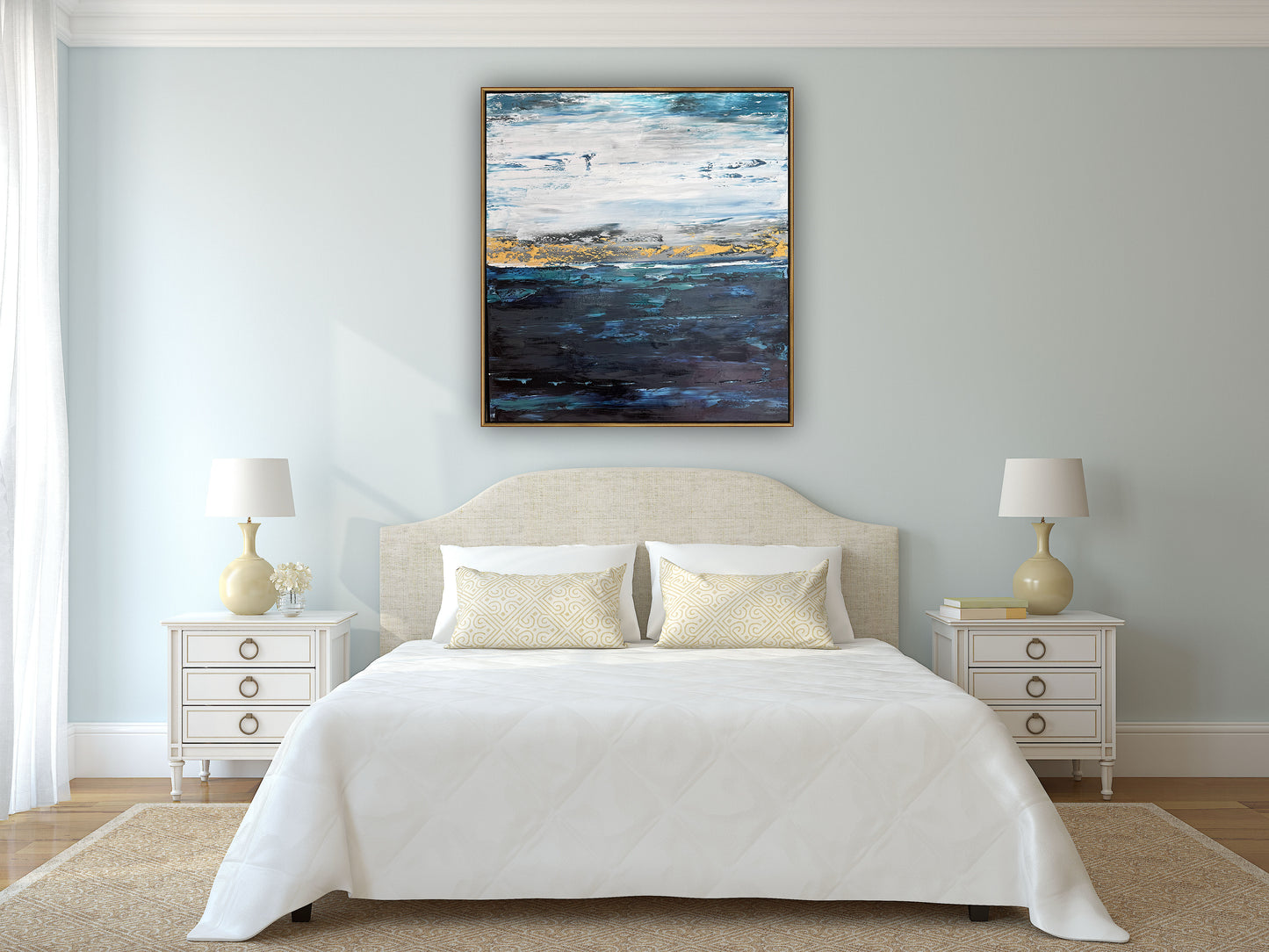 Framed in gold oak frame Original Abstract contemporary Oil Painting On Canvas 77x70cm  textured Oka Coastal Line