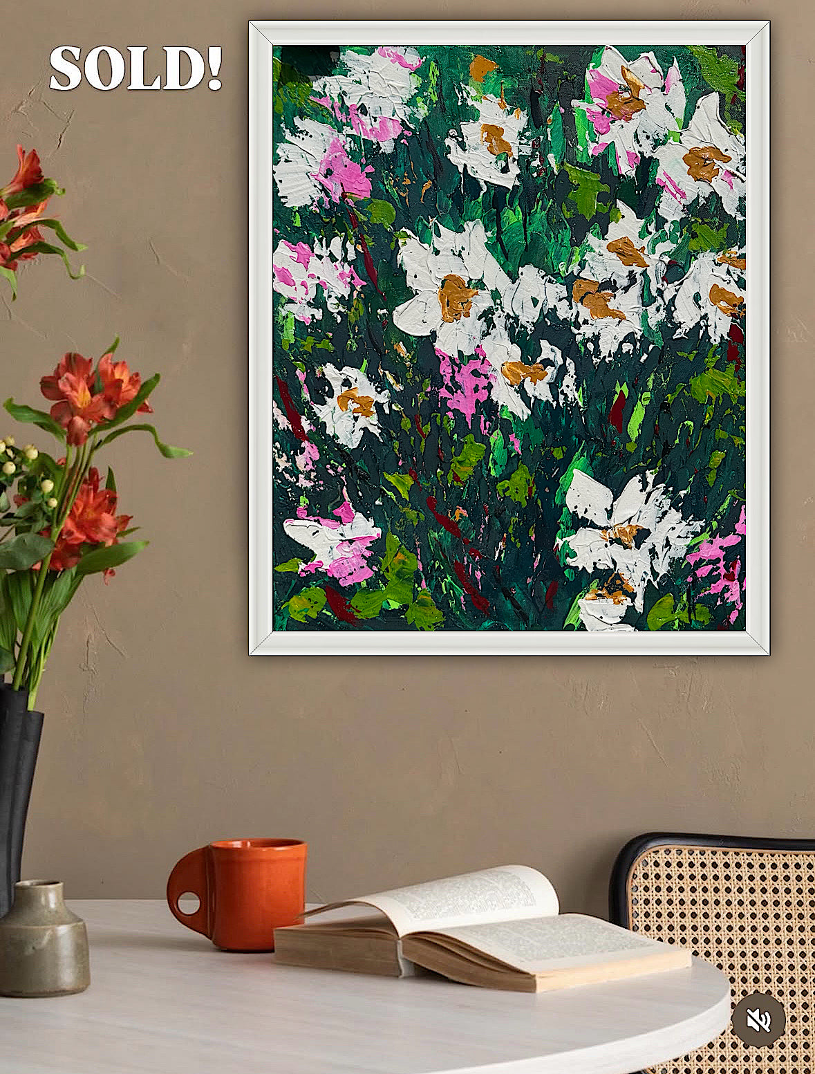 Original Abstract Oil Painting On Canvas board 60 x 50cm garden white flowers I Oka