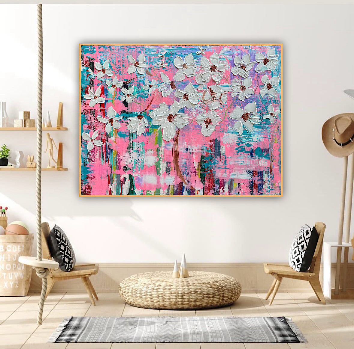 Large Abstract Original Oil Painting On 100x77cm canvas ‘White Flowers ’ vogue oka
