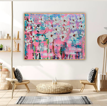 Large Abstract Original Oil Painting On 100x77cm canvas ‘White Flowers ’ vogue oka