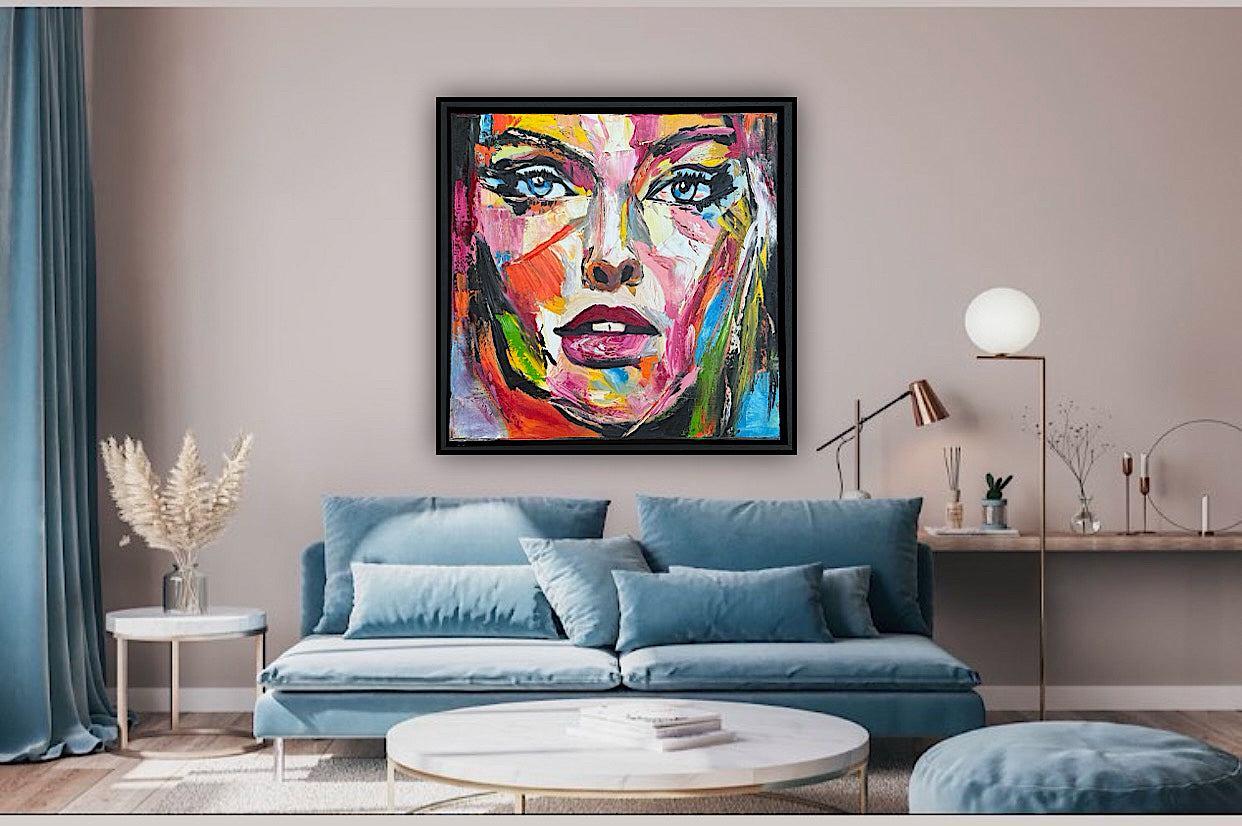Framed in black frame Original Abstract contemporary Oil Painting On Canvas 54 x 54cm Wild Muse woman portrait