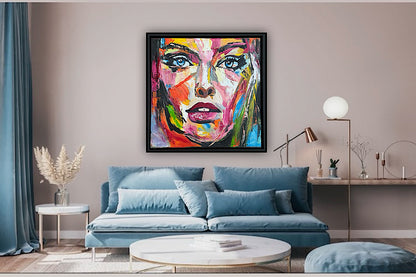 Framed in black frame Original Abstract contemporary Oil Painting On Canvas 54 x 54cm Wild Muse woman portrait