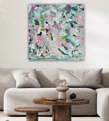Large Abstract Original Oil Painting On 50x50cm canvas textured Painting ‘Pink Fusion’ Oka framed in solid oak frame